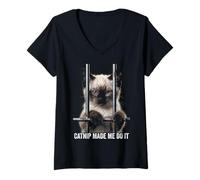 Womens Catnip Made Me Do It Cat Prison Bars Cat Jail Siamese Cat V-Neck T-Shirt