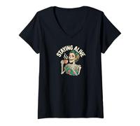 Women's Catrina Staying Alive Graphic Saying V-Neck T-Shirt