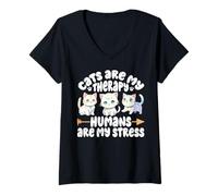 Womens Cats Are My Therapy Humans Are My Stress V-Neck T-Shirt