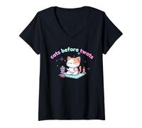 Womens Cats Before Twats Funny Rude British Swearing Being Single V-Neck T-Shirt