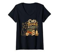 Women's Cats Books and Quiet Literary Reading Readers V-Neck T-Shirt