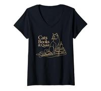 Women's Cats Books and Quiet Literary Reading Readers V-Neck T-Shirt