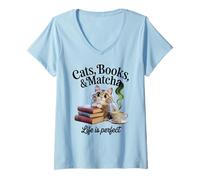 Womens Cats Books Matcha Life Is Perfect Cozy Book Love Tea Reading V-Neck T-Shirt