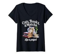 Womens Cats Books Matcha Life Is Perfect Cozy Book Love Tea Reading V-Neck T-Shirt
