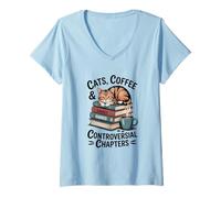 Womens Cats Coffee & Banned Books Bookworm Reading V-Neck T-Shirt