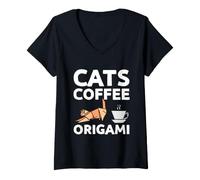 Women's Cats Coffee Origami Paper Folding Art V-Neck T-Shirt