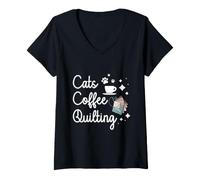 Women's Cats Coffee Quilting Lover Quilt Maker Hobby V-Neck T-Shirt