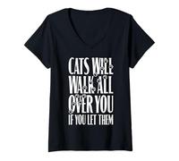 Womens Cats Will Walk All Over You Funny Cat Lover Paw Print Quote V-Neck T-Shirt
