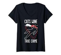Womens Cats Wine True Crime Fan Funny Cat Lover Crime Scene V-Neck T-Shirt