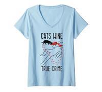 Womens Cats Wine True Crime Fan Funny Cat Lover Crime Scene V-Neck T-Shirt