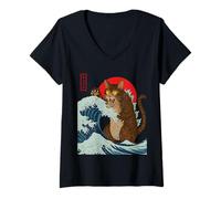 Womens Catzilla Attacks Funny Cat Lover's Monster Great Wave V-Neck T-Shirt