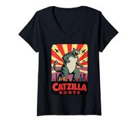 Womens Catzilla Funny Giant Cat City Chaos V-Neck T-Shirt