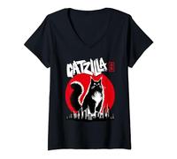 Womens Catzilla Funny Japanese Cat Art Parody Vintage Catzilla V-Neck T-Shirt