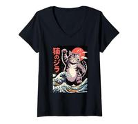 Womens Catzilla Giant Cat Kaiju - Japanese Wave Graphic V-Neck T-Shirt