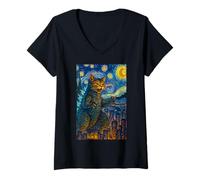Womens Catzilla in Van Gogh Starry Night Universe Halloween Cat Art V-Neck T-Shirt