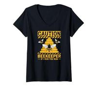Women's Caution Beekeeper If I Run You Run Funny Bee Warning V-Neck T-Shirt