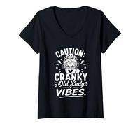 Women's Caution Cranky Old Lady Vibes Funny Graphic V-Neck T-Shirt