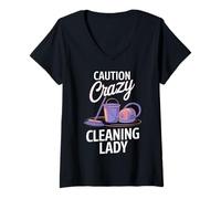 Womens Caution Crazy Cleaning Lady Housekeeping Cleaner Housekeeper V-Neck T-Shirt