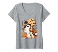 Women's Cavalier Charles King Spaniel Ghost Dog Witch Hat Halloween V-Neck T-Shirt