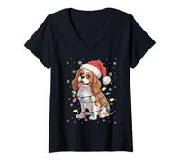 Womens Cavalier King Charles Spaniel Dog Tree Lights Xmas Sweater V-Neck T-Shirt