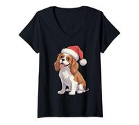 Womens Cavalier King Charles Spaniel Dog Xmas Santa Pet Dog Lovers V-Neck T-Shirt