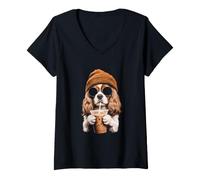 Women's Cavalier King Charles Spaniel Drinking Iced Coffee Funny Dog V-Neck T-Shirt
