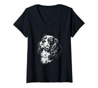 Women's Cavalier King Charles Spaniel Portrait Black and White Dog V-Neck T-Shirt