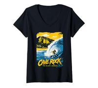 Women's Cave Rock Surfing The Bluff Durban Retro Art V-Neck T-Shirt