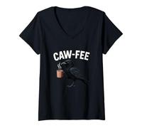 Womens Caw-Fee Crow Bird Coffee Pun Funny Morning Humor V-Neck T-Shirt