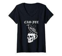Womens Caw-Fee Gothic Raven Drinking Coffee Funny Pun Espresso V-Neck T-Shirt