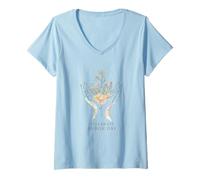 Women's Celebrate Arbor Day Tree Flowers Boho Botanical Line Art V-Neck T-Shirt