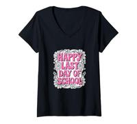 Womens Celebrate Happy Last Day Of School Retro Teacher V-Neck T-Shirt