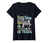 Women's Celebrating 28 Years Board The Ship Anniversary Cruise Trip V-Neck T-Shirt