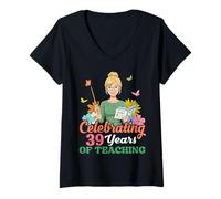 Women's Celebrating 39 Years of Teaching 10th Anniversary Teacher V-Neck T-Shirt