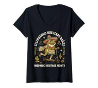 Women's Celebrating Our Roots Hispanic Heritage Month Frog. V-Neck T-Shirt
