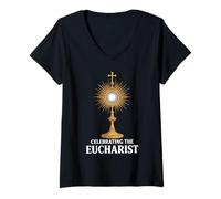 Womens Celebrating The Eucharist Catholic Monstrance V-Neck T-Shirt