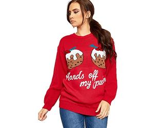 Womens Celebrity Inspired Xmas Tartan Knitted Baggy Top Hands Off My Pudding Funny 2 Cupcakes Christmas Jumper UK 8-22 (20/22, Red - Hands Off My Pudding)