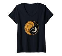 Womens Celestial Balance: Sun & Moon Yin Yang Astrology V-Neck T-Shirt