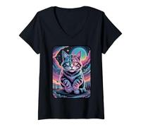 Women's Celestial Cat Psychedelic Trip V-Neck T-Shirt