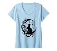 Women's Celestial Crescent Moon Cat Aesthetic Floral Mystical Boho V-Neck T-Shirt