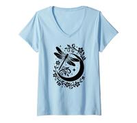 Women's Celestial Crescent Moon Dragonfly Floral Mystical Boho V-Neck T-Shirt