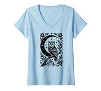 Women's Celestial Crescent Moon Owl Stars Floral Mystical Boho V-Neck T-Shirt