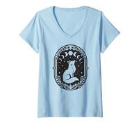 Women's Celestial Crescent Moon Phases Fox Floral Mystical Boho V-Neck T-Shirt
