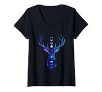 Womens Celestial Deer Galaxy Moon Phases Stag Buck Spiritual Animal V-Neck T-Shirt