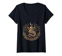 Women's Celestial Dragon Moon Star Mystical Aesthetic Witchy V-Neck T-Shirt
