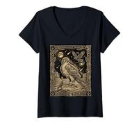 Women's Celestial Hawk Totem Woodcut Constellation Desert Moon V-Neck T-Shirt