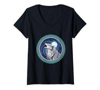 Women's Celestial Howl Mythical Wolf & Moon Emblem V-Neck T-Shirt