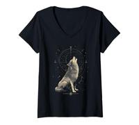Women's Celestial Howling Wolf Cosmic Constellation Art V-Neck T-Shirt