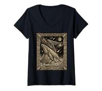 Women's Celestial Humpback Whale Totem Woodcut Engraving Cetus Const V-Neck T-Shirt