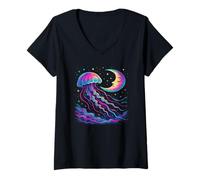 Womens Celestial Jellyfish - Mystical Ocean Moon and Starlit Sky V-Neck T-Shirt